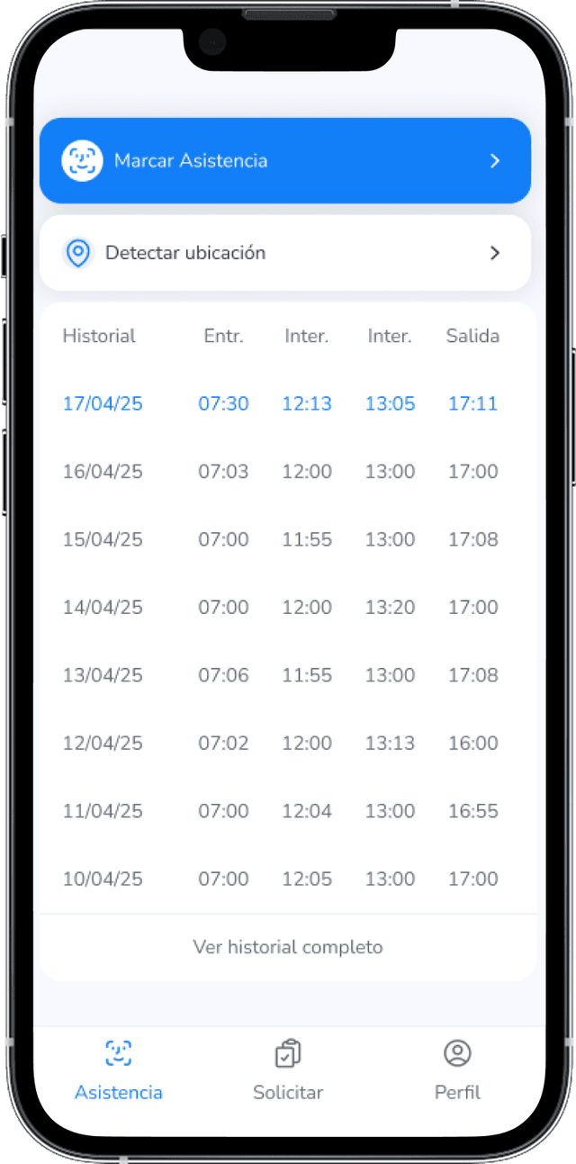 App de Punto OK confirmando la asistencia registrada con fecha y hora
